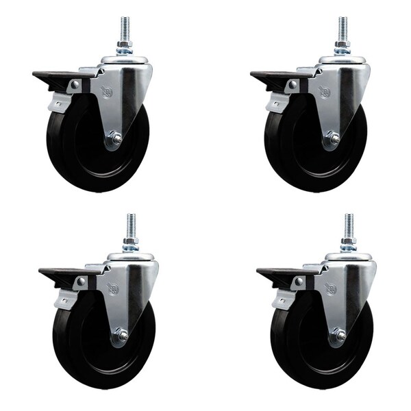 5 Inch Hard Rubber 38 Inch Threaded Stem Caster Set with Brake